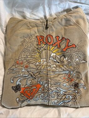 Vintage Roxy Beige Zip Hoodie with Orange and Silver Beach Graphic